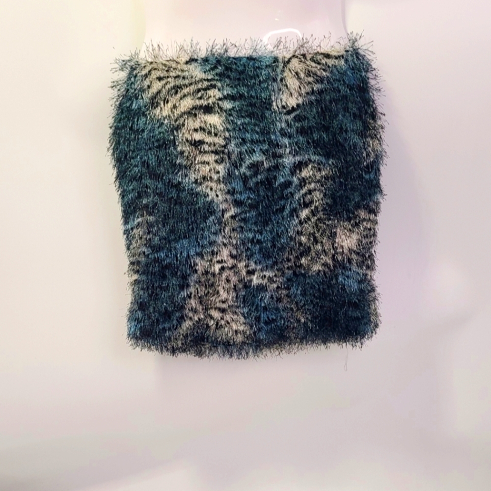 Umgee Fuzzy Blue Black and Cream Animal Print Tube Skirt size Small S